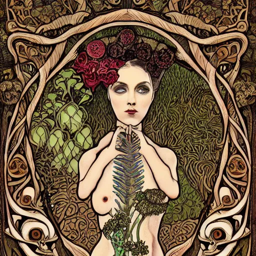 Image similar to a beautiful detailed front view portrait of a rotten woman corpse with fractal plants and fractal flowers and mushrooms growing around, symmetrical, ornate, ornamentation, illustration, in the style of art nouveau, mucha