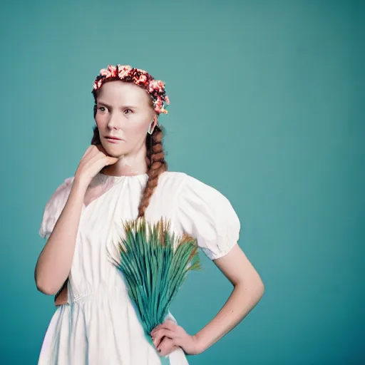 Image similar to a photograph of beautiful nordic woman wearing a white folkdrakt dress, she has a summer flower headband. against a teal studio backdrop. strong kodak portra 4 0 0 film look. film grain.