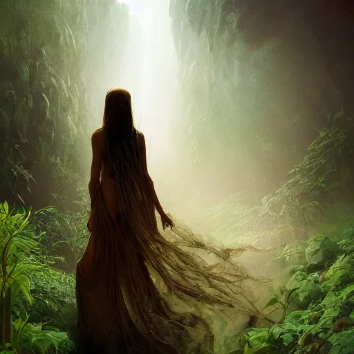 Prompt: beautiful banshee walks around Socotra among plants, flowers, trees and snags in a long transparent flowing dress and meets mystical animals, mystical insects, mystical birds, lizards, snakes, gorgeous, intricate, hypnotic dimensions, ruan jia, steve mccurry, Zdzislaw Beksinski style, sharp focus, intricate concept art, digital painting, ambient lighting, 4k, hdt, artstation trending on Gsociety, trending on ArtstationHQ, hyper quality, 16K