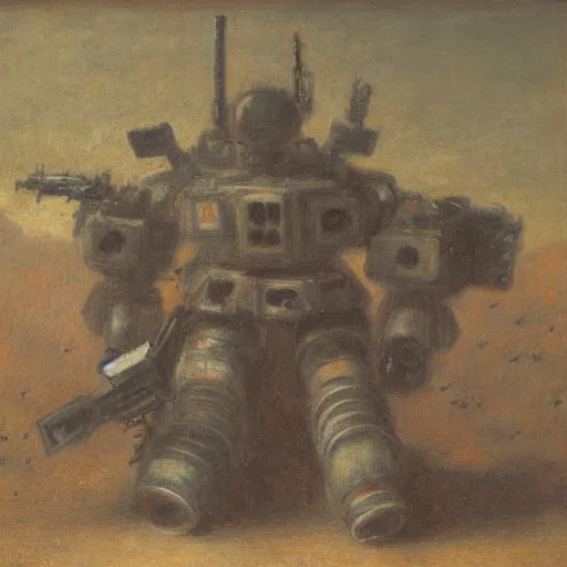 Image similar to Still life of a combat mech surrounded by its weapons, in the style of Henri Fantin-Latour