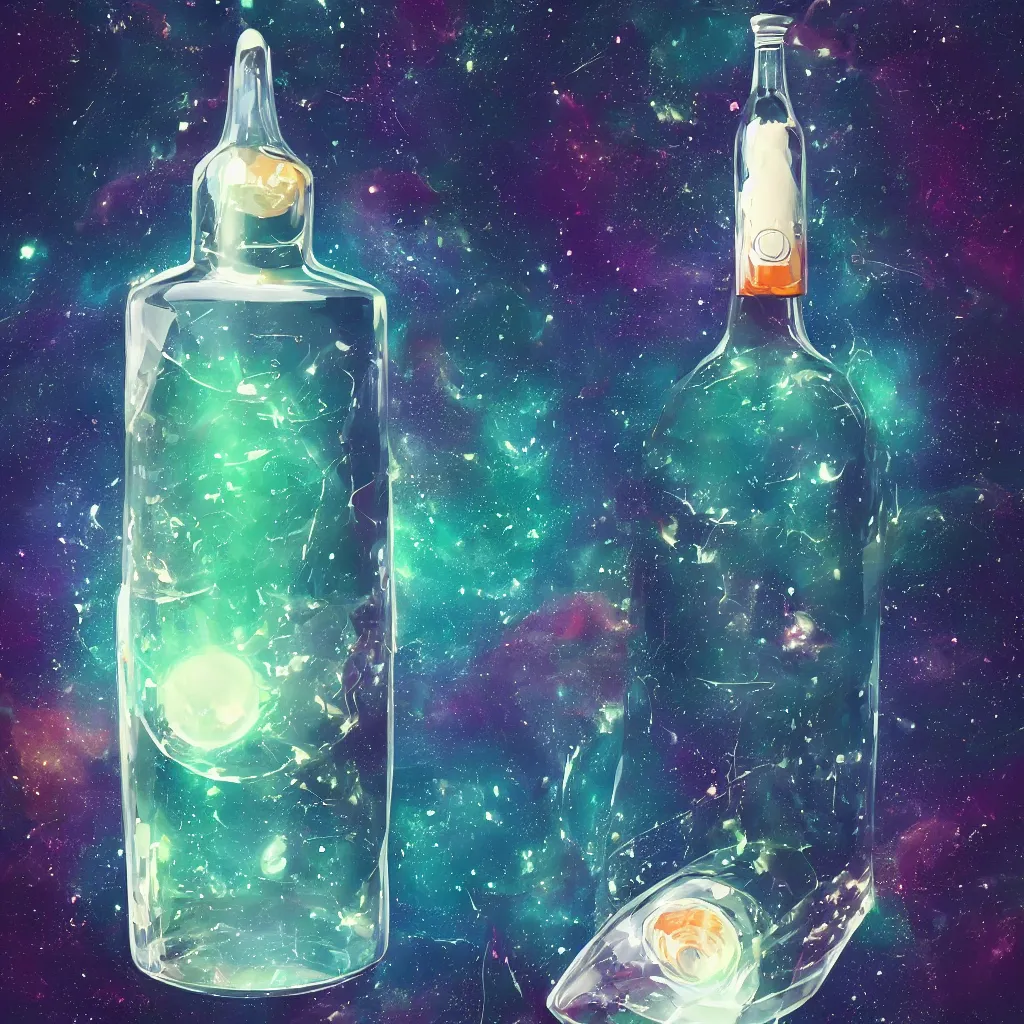 Image similar to the universe contained within a bottle, in a style of artstation