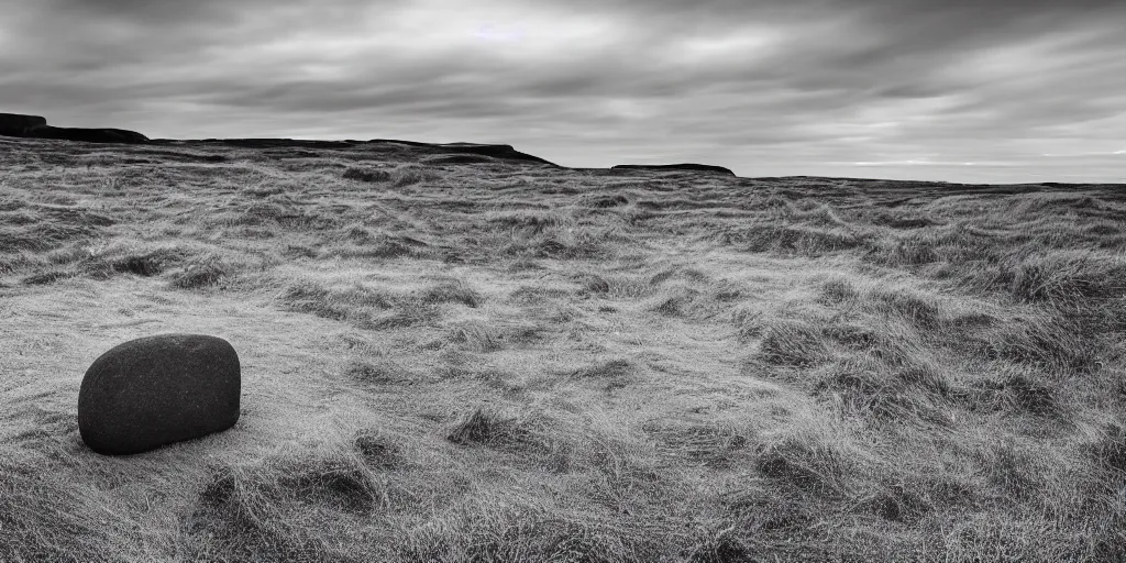 Prompt: a breathtaking surreal photograph of windswept dunes scandinavian landscape, a withered ancient altar + stone in center, blue - grey filter, ultra wide shot, cinematic, 8 k, dramatic lighting