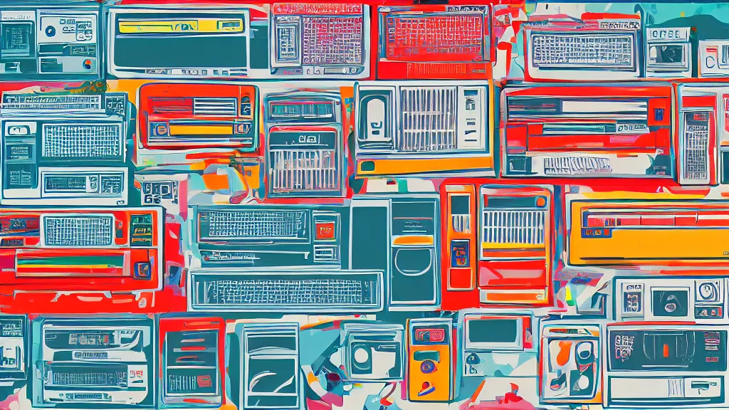 Prompt: 1 9 7 0 s repeating graphic of a colourful retro - future computer industrial design