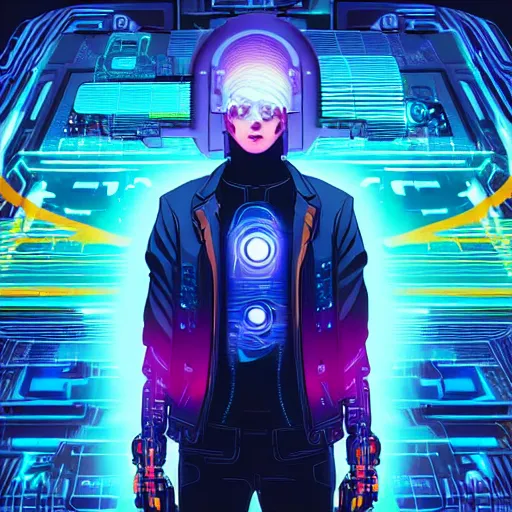 Image similar to a cyberpunk netrunner surrounded by a glowing computer interface, centered in the frame, cyberpunk concept art by Jean Giraud and josan gonzales, digital art, highly detailed, intricate, sci-fi, sharp focus, Trending on Artstation HQ, deviantart, 4K UHD image