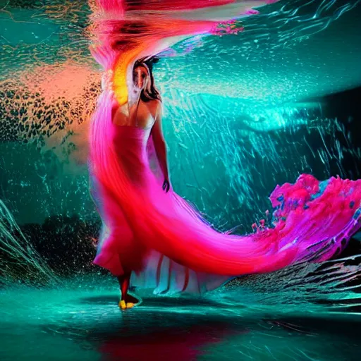 Image similar to jennifer connelly dancing underwater wearing a very long dress made of a chaos of neon colors and lights flowing sideways in a strong current of water, coral sea bottom, octane render, caustics lighting from above, cinematic, hyperdetailed