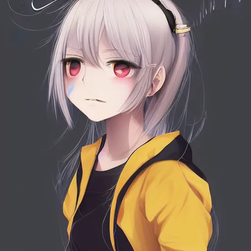 Image similar to advanced digital anime art, female teen with red eyes and blonde / yellow hair that is to neck length wearing a dark grey school outfit. drawn by Shikamimi, WLOP,rossdraws