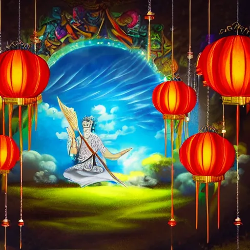 Image similar to painting of a god of wind enjoying his heavenly palace, decorated with windchimes and paper lanterns, stunning nature in background, cinematic