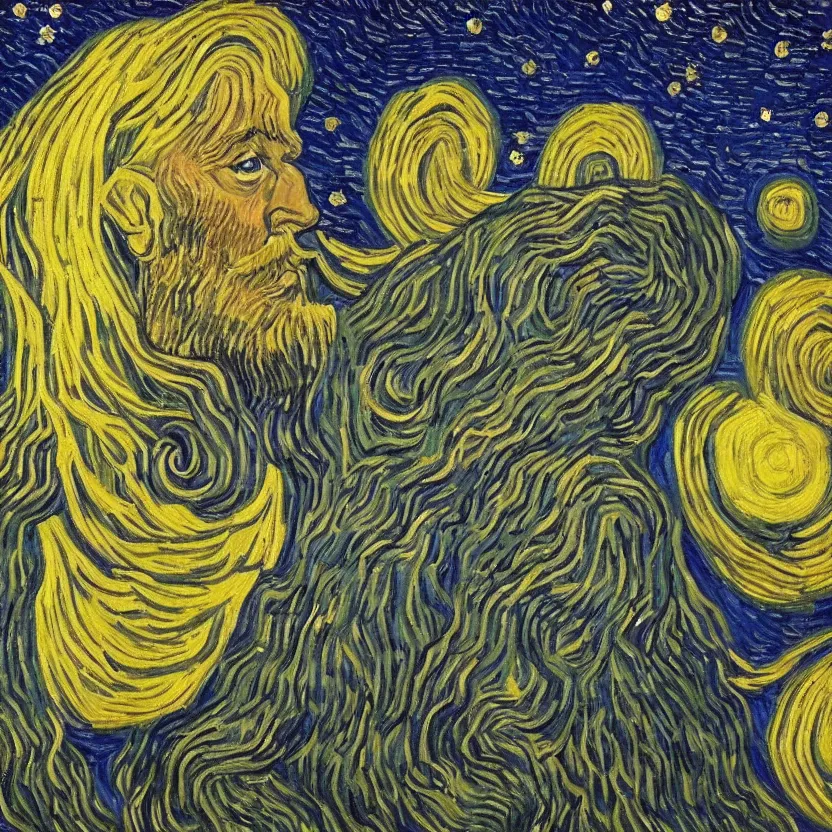 Image similar to An oil painting of a wise Elven King in the style of Starry Night by Vincent van Gogh