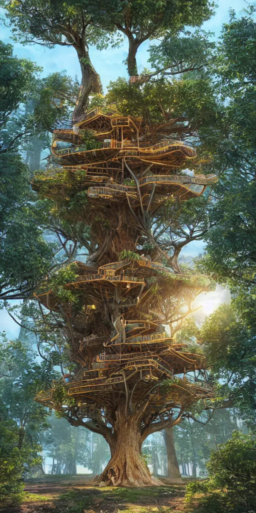 Image similar to ultra realistic and intricate detailed photograph of giant holy tech treehouse, innovation, bright modern style, artstation, unreal render, depth of field, ambient lighting, award winning, stunning