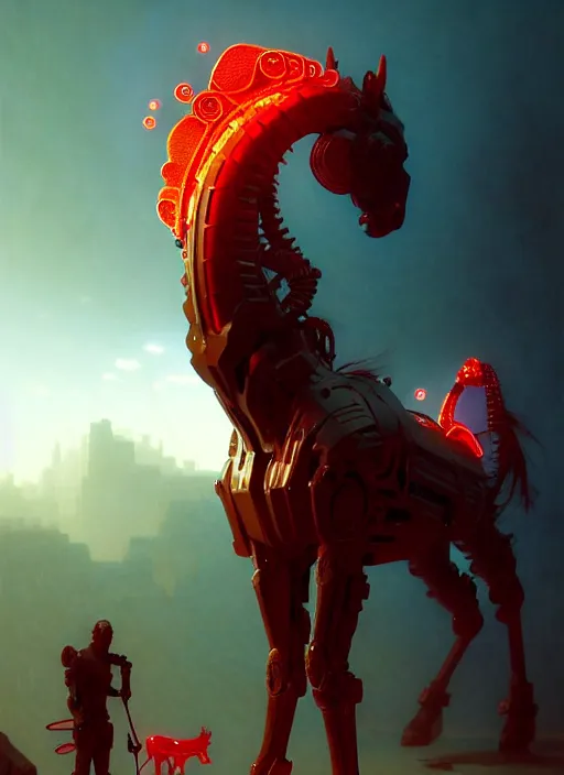 Image similar to red horse of the apocalypse, intricate lights, bio luminescent, plasma, by ruan jia and artgerm and range murata and wlop and ross tran and william - adolphe bouguereau and beeple. key art. fantasy illustration. award winning, artstation, intricate details, realistic, hyperdetailed, 8 k resolution.