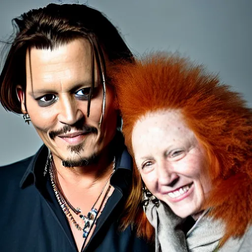 Prompt: photo of johnny depp with a ginger hair women smiling studio portrait