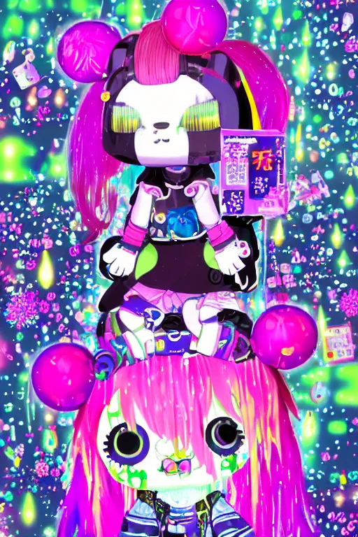 Prompt: cybergoth decora glitchcore yokai girl, sanrio ornaments, pastel cute cinematography | neo hong kong, rainy atmosphere, night time, bright lights, colorful signs, busy streets, high res, kowloon | old ancient chinese website full of spam. internet explorer window is glitching out. mum wtf