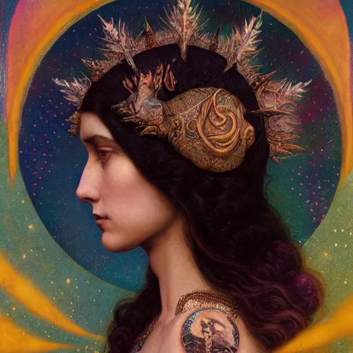 Image similar to queen of the moon with stars in her hair, by tino rodriguez and annie swynnerton and nicholas roerich and jean delville and donato giancola and tom bagshaw and evelyn demorgan, dramatic lighting, floral tattoos, rich colors, smooth sharp focus, extremely detailed, adolf wolfli