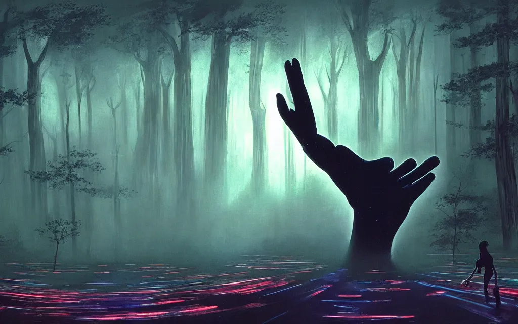 Prompt: sci-fi scene of a holographic giant hand floating in the middle of a dark forest, atmospheric, mysterious, mist, high detail, concept art, by syd mead and roger deakins