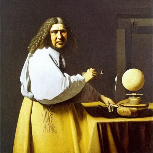 Prompt: An oil painting of Antonie van Leeuwenhoek sat at an escritoire desk with his hand touching an ammonite fossil, there is a window with muntins to his left and a wood closet behind him, in the style of The Astronomer by Vermeer, Dutch Golden Age, Old Masters