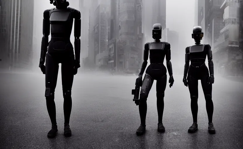 Image similar to cinestill 5 0 d photographic portrait by helen levitt of two loving female androids wearing black techwear in a brilliant cyberpunk city, extreme closeup, modern cyberpunk, dust storm, 8 k, hd, high resolution, 3 5 mm, f / 3 2, ultra realistic faces, intricate detail, ex machina