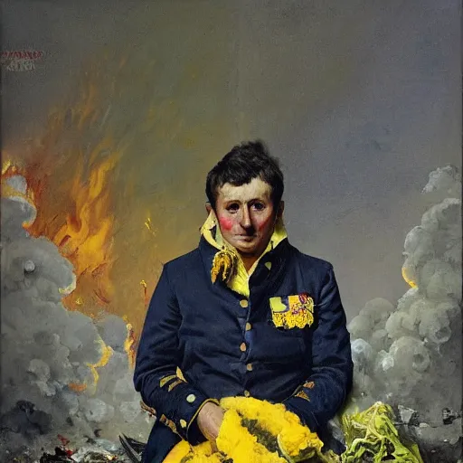 Prompt: Volodymyr Zelensky at war, dressed like Napoleon Bonaparte, sitting on the ground between dead corpses and crying, holding a half burnt blue and yellow flag of Ukraine, in the style of Norman Rockwell