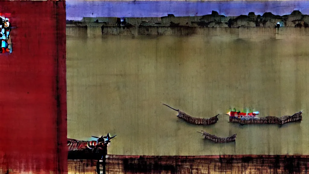 Image similar to a chinese prison near a river by peter doig, muted colors