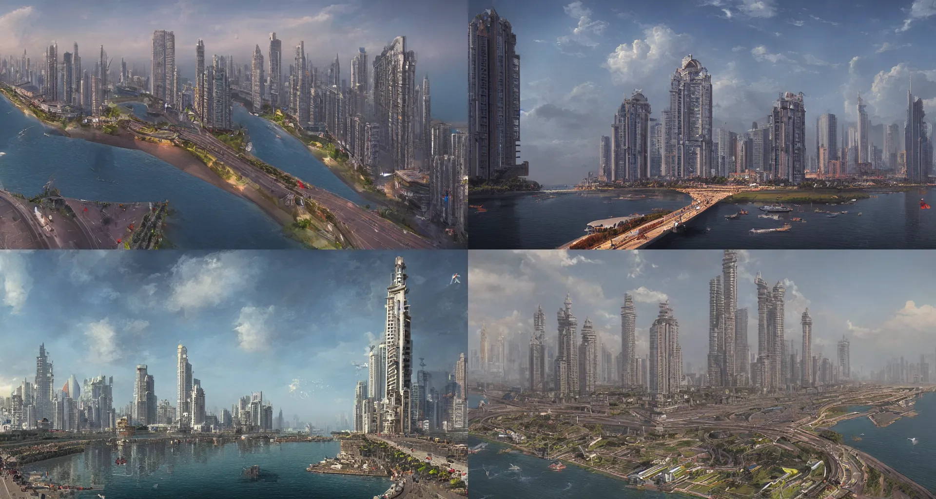 Prompt: Marine Drive in the futuristic city of Mumbai in year 2150, by Canaletto, trending on ArtStation, masterpiece