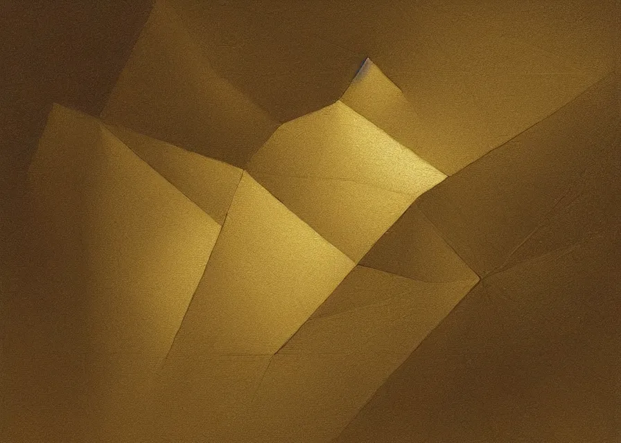 Prompt: a geometric drawing of paper and gold painted by greg rutkowski and albert bierstadt