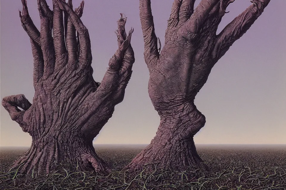 Image similar to a huge palm poking out of the ground, wayne barlowe.