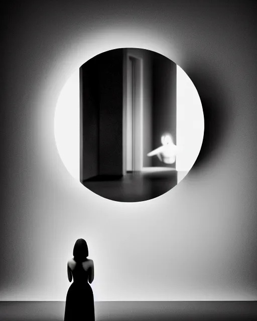 Image similar to black and white high quality photo of a beautiful female AI vegetal-cyborg looking into a sci-fi mirror, volumetric lighting, liminal space, brutalism, foggy, dreamy, hyperdetailed, bokeh, photorealistic, cinematic, masterpiece, Metropolis, elegant, dark, by Fritz Lang in the style of Horst P. Horst, octane render, 8K,