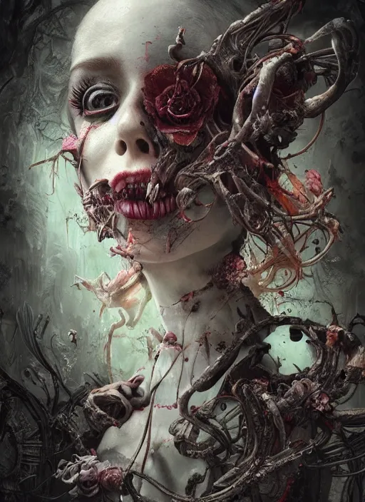 Image similar to Alice attends Mad Tea Party,highly detailed,half skull face,cinematic,8k,by Stanley Artgermm,Tom Bagshaw,Greg Rutkowski,Carne Griffiths, Ayami Kojima, Beksinski, Giger,trending on DeviantArt,hyper detailed,horror, full of colour