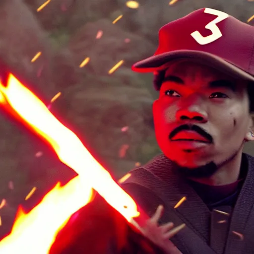 Image similar to cinematic film still of Chance The Rapper starring as a Samurai holding fire, Japanese CGI, VFX, 2022, 40mm lens, shallow depth of field, film photography