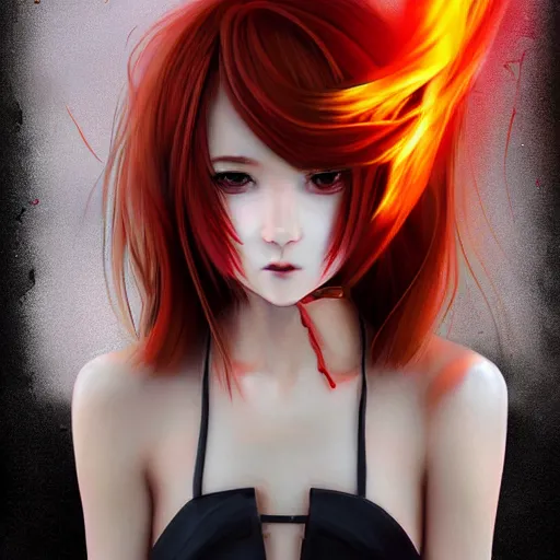 Prompt: advanced digital portrait painting photograph, a teenage anime girl wearing a dress made of fire , full body, very long black and red hair, eye color like magma , full round face, seductive stare, cinematic lighting, medium shot, MCU, highly detailed, trending on artstation, CSP, Photoshop, Stanley Artgerm Lau, WLOP, Rossdraws, James Jean, Andrei Riabovitchev, Marc Simonetti, and Sakimichan