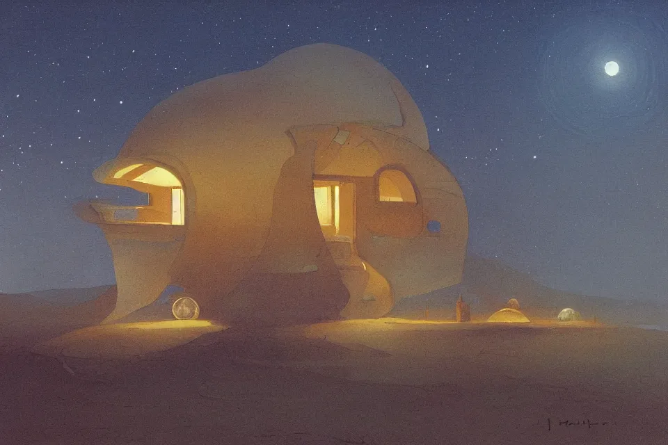 Image similar to sci fi atmospheric landscape painting of architecture design of a seashell shaped house in the middle of the desert at night, painted by john harris and moebius