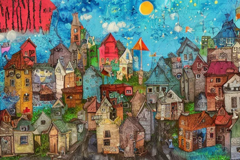 Image similar to a small fantasy town, mixed media on canvas, 2 d, whimsical,