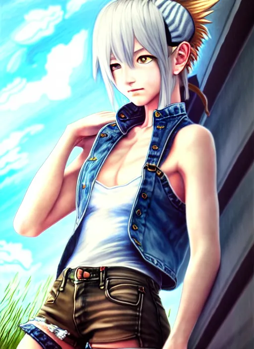 Prompt: a portrait of catgirl wearing white vest, and denim shorts an ultrafine detailed painting, detailed painting, detailed eyes!!, final fantasy, octopath traveler