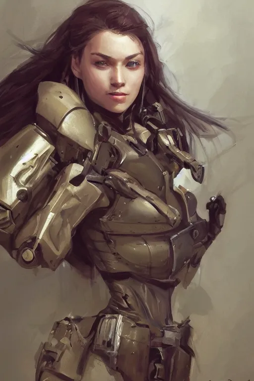 Image similar to a professionally painted portrait of an attractive young woman, clothed in military armor, olive skin, long dark hair, beautiful bone structure, symmetrical facial features, intricate, elegant, digital painting, trending on Artstation, concept art, smooth, sharp focus, illustration, from Metal Gear by Ruan Jia and Mandy Jurgens and Artgerm and William-Adolphe Bouguerea, award winning