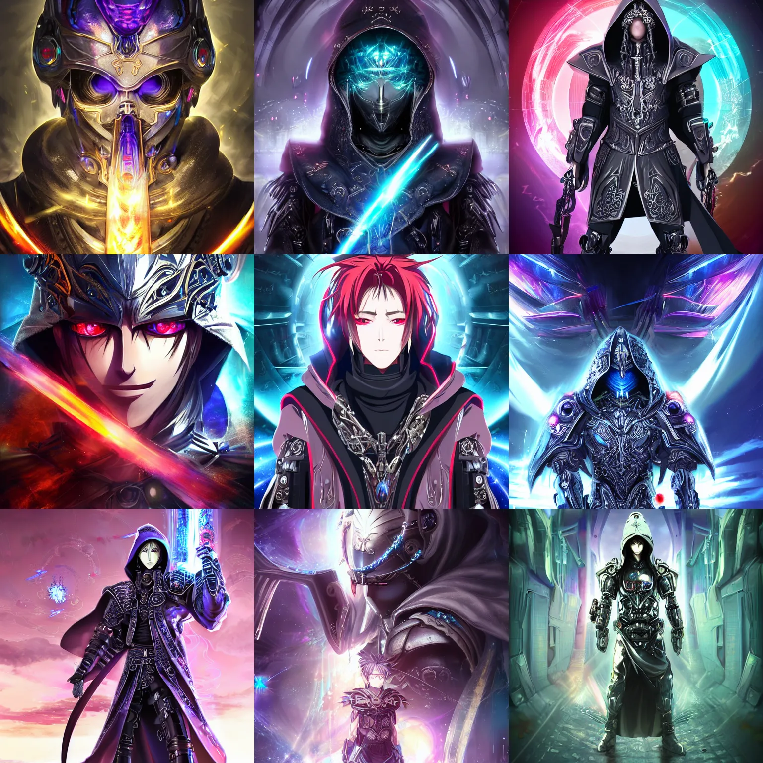 Prompt: 2.5D CGI anime fantasy portrait artwork of a hooded intricate cybernetic sorcerer warrior character with high quality glistening beautiful colors, rich moody atmosphere, reflections, specular highlights, omnipotent, megastructure realistic detailed background, brandishing iridescent cosmic weapons, colourful 3D crystals and gems, dark ominous clothing, gritty realistic smoke, portrait in the style of Ross Tran and Makoto Shinkai and Greg Rutkowski, animated, animation