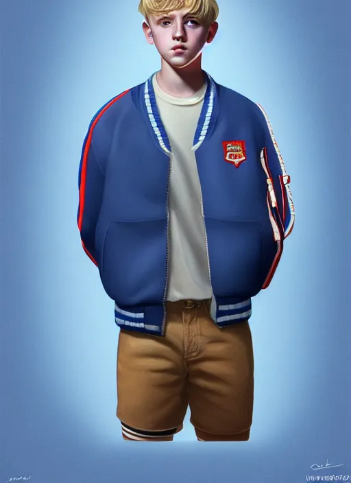 Image similar to portrait of a teenage boy named moose mason, blonde short hair, jock, beefy, square jaw, square facial structure, 1 9 5 0 s, blue varsity jacket, intricate, elegant, glowing lights, highly detailed, digital painting, artstation, concept art, smooth, sharp focus, illustration, art by wlop, mars ravelo and greg rutkowski