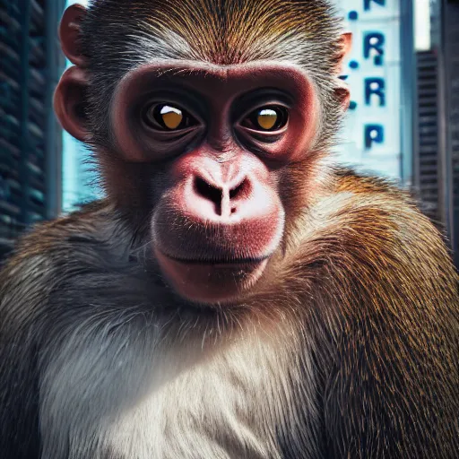 Prompt: Photography of ultra mega super hyper realistic detailed monkey by Hiromasa Ogura wearing cyberpunk style suit . Photo made from 30 meters distance on Leica Q2 Camera, Rendered in VRAY and DaVinci Resolve and MAXWELL and LUMION 3D, Volumetric natural light. Wearing cyberpunk suit with many details by Hiromasa Ogura .Rendered in VRAY and DaVinci Resolve and MAXWELL and LUMION 3D, Volumetric natural light