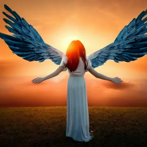 Image similar to beautiful angel with majestic wings flying in the sky during a sunset, cinematic, photo, real