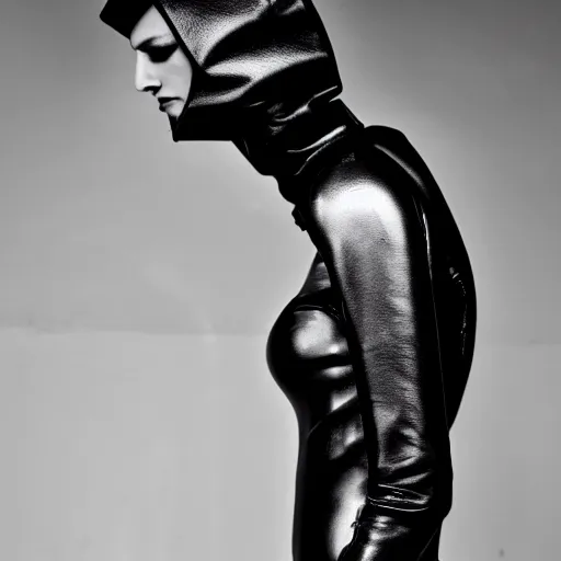 Image similar to fashion photography of an extraterrestrial model, holding a leather whip, wearing demobaza fashion, inside berghain, berlin fashion, harness, futuristic fashion, dark minimal outfit, photo 3 5 mm leica, hyperdetail, berghain, total black outfit, stone table, minimalism, 8 k, very detailed, photo by nick knight