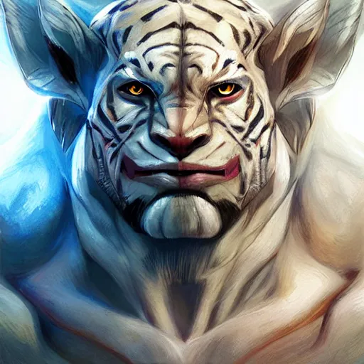 Image similar to a esthetic portrait commission of a muscular antrho albino tiger wearing the superman outfit,hyperdetailed face,character design by charlie bowater,ross tran,artgerm,makoto shibkai,photorealistic,western comic book art,film poster,deviantart,artstation