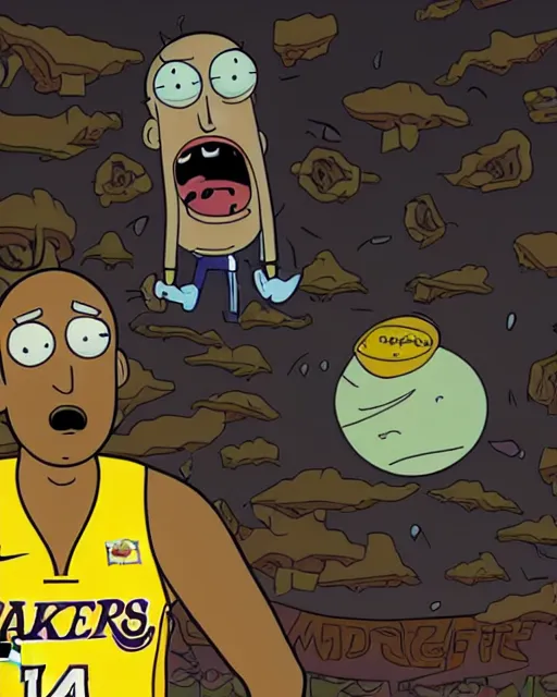 Image similar to kobe bryant in the style of justin roiland, cinematic lighting, style of rick & morty, photographic, photography. by justin roiland