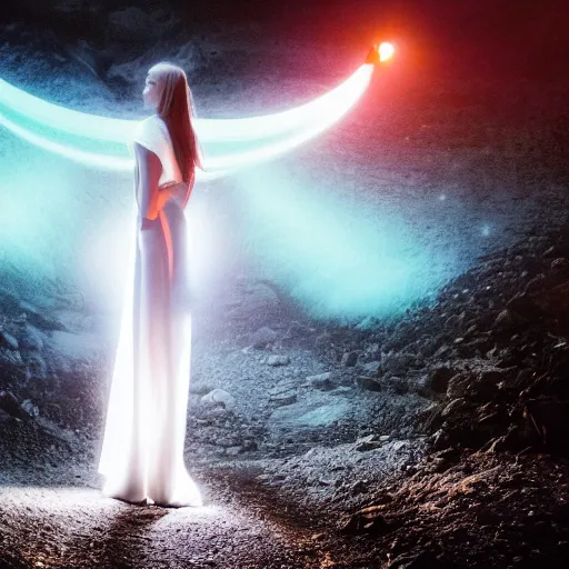 Image similar to photo, a woman in a giant flowing glowing illuminated white dress with an incredibly long train, standing inside a dark western rocky scenic landscape, volumetric lighting