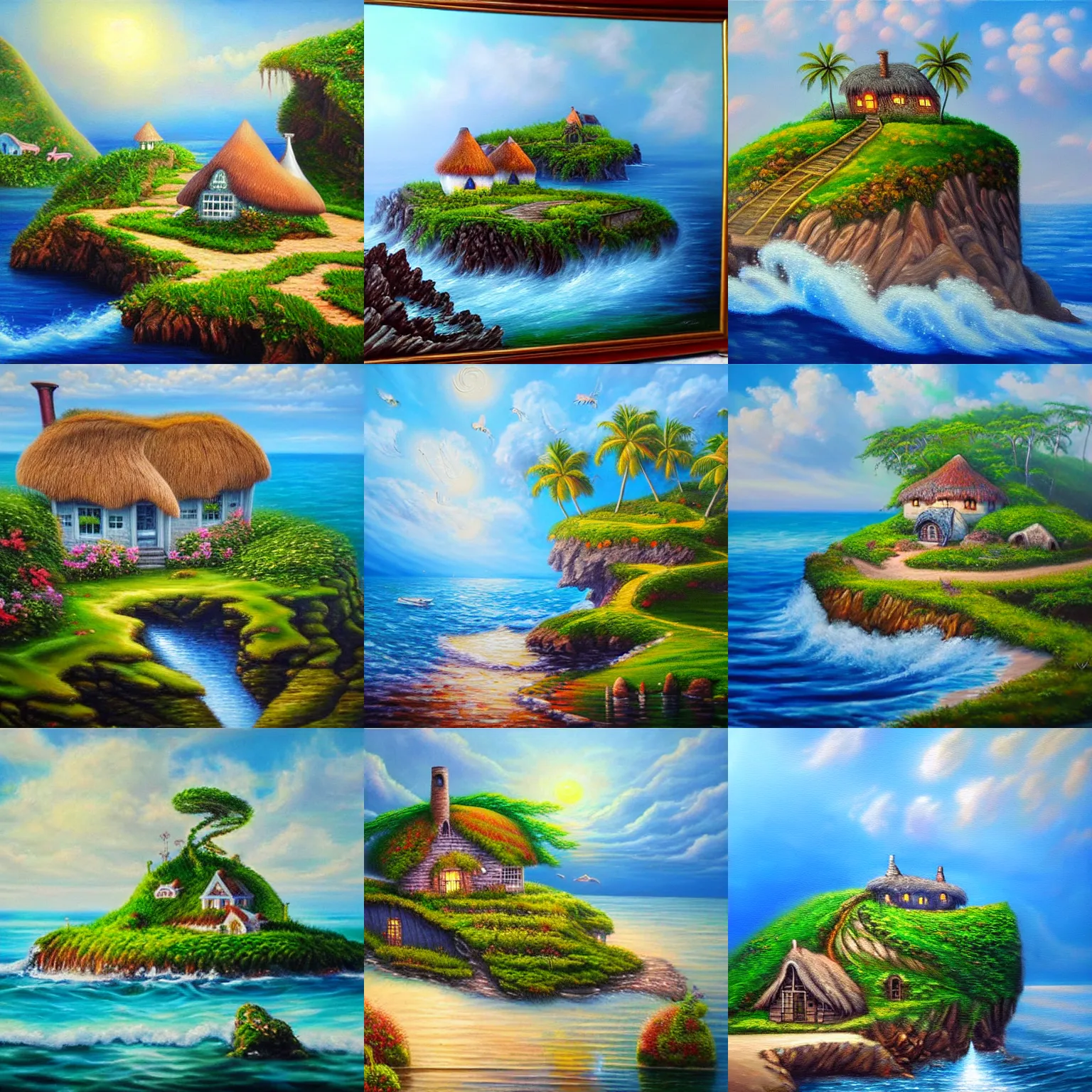 Prompt: detailed realistic oil painting of an magical fantasy cottage island on the ocean