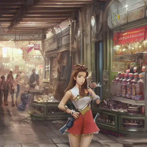 Image similar to concept art of aerith gainsborough in wall market of don corneo, highly detailed, trending on artstation