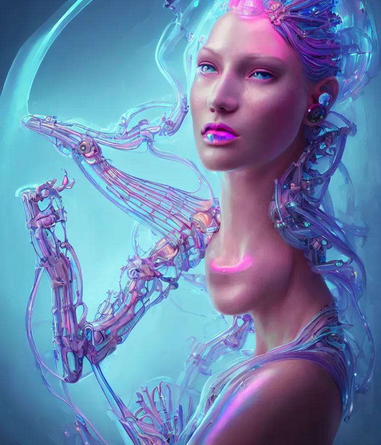 Prompt: iridescent portrait of a beautiful princess in robe. hard surface modelling. cyberpunk look. biomechanical mask. bio luminescent biomechanical halo around head. neon jellyfish. artwork by jarold Sng by artgerm, by Eddie Mendoza, by Peter mohrbacher by tooth wu, unreal engine, octane render, cinematic light, high details, iridescent colors, dichroic, macro, 4l