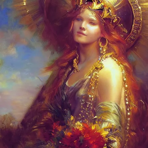 Prompt: a beautiful portrait of a sun goddess with a golden crown, sunlight beams, god rays, volumetric lighting, by daniel gerhartz, detailed, 8 k