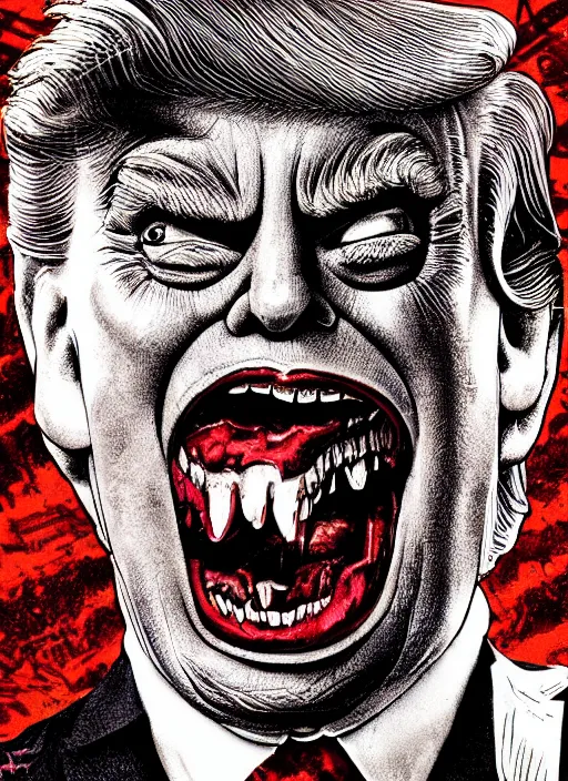 Prompt: Donald Trump as a disgusting monster on a 1980s horror movie poster , vintage 80s print, detailed, scary, horror, screen print, trending on artstation