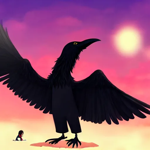 Image similar to a giant black crow screaming at a guy with long white hair, anime, pixiv