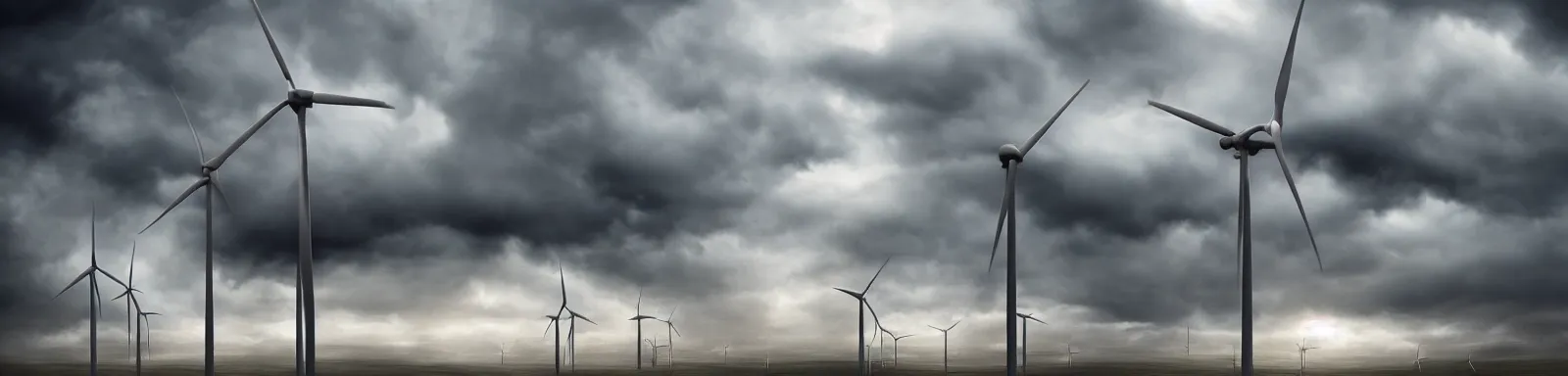 Image similar to Stormy sky with the lightings in the clouds, blueshift render, pipes, a wind turbine in the background, depth of field, concept art, Full HD, 1128x191 resolution