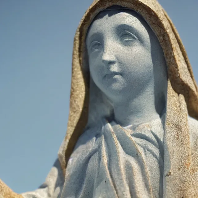 Image similar to closeup of white mother mary statue pictured slightly from below, clear sky with blue clouds in background, vintage polaroid