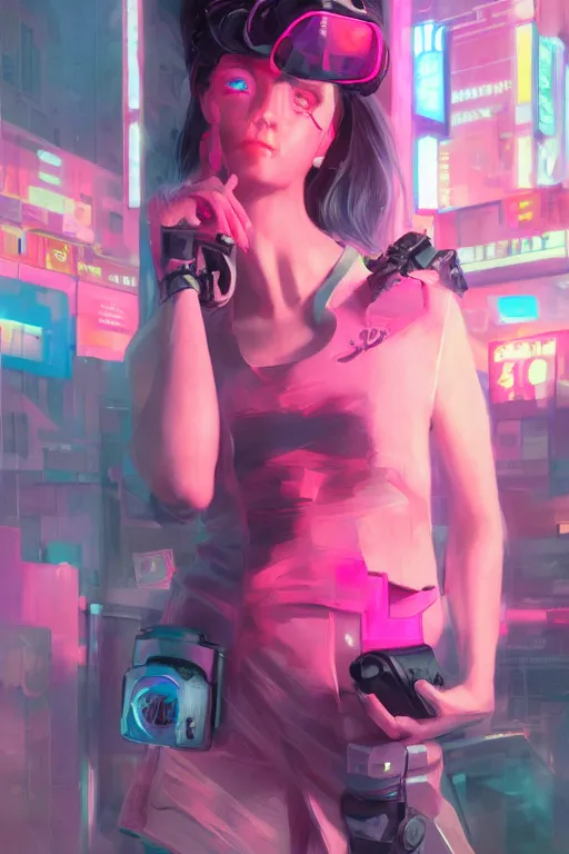 Prompt: gamer girl with a pink headset, city street, cyberpunk, harsh neon lights, highly detailed, sharp focus, digital painting, illustration, trending on artstation, art by sakimichan, wlop, greg rutkowski